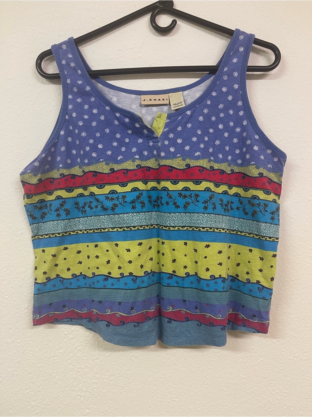 J. Khaki Blue Floral Scoop Neck Tank with Lime Accent
